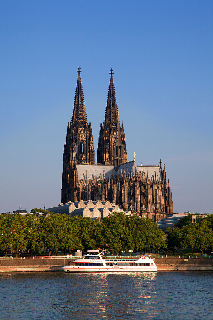 Excursion ship on the Rhine river in front of Cologne cathedral, Cologne, Rhine river, North Rhine-Westphalia, Germany