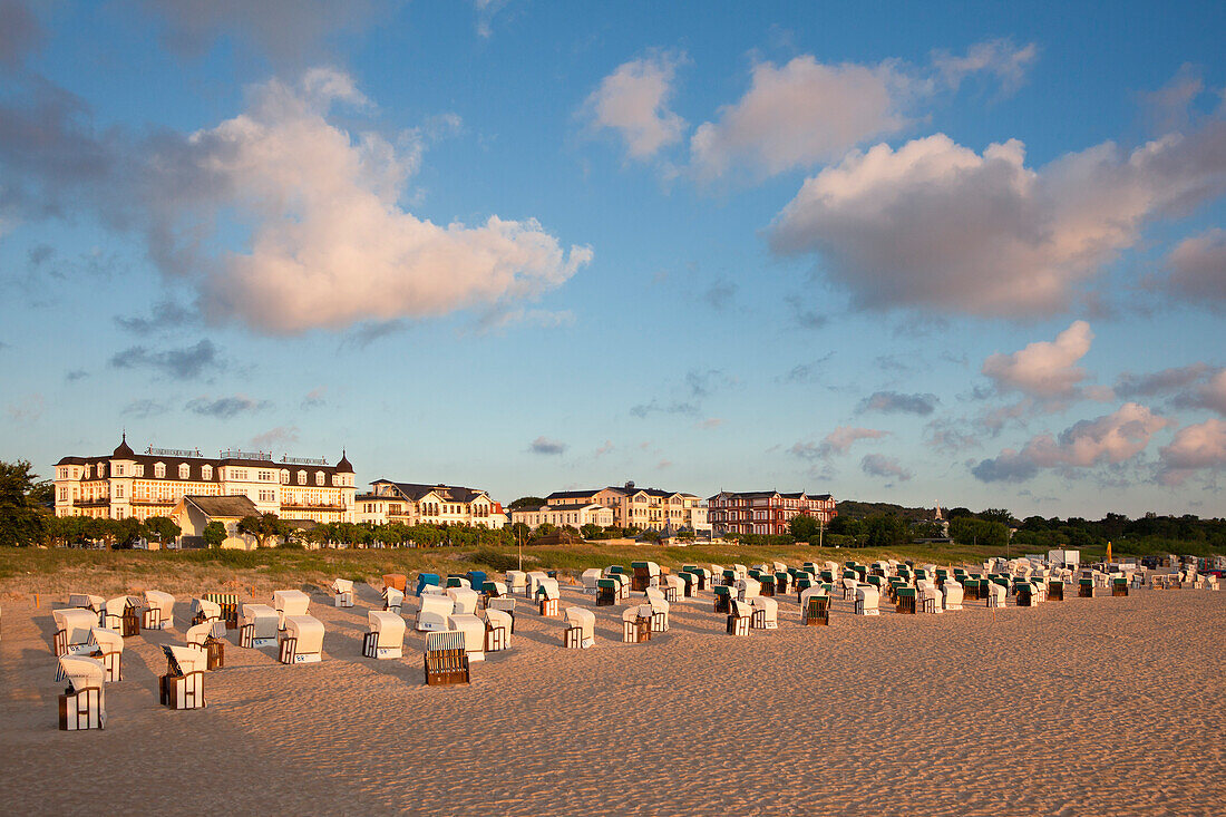 View from the pier over the beach to the seaside promenade, Ahlbeck, Usedom island, Baltic Sea, Mecklenburg Western-Pomerania, Germany