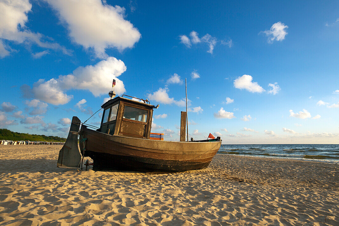 Fishing cutter on the beach, Ahlbeck, Usedom island, Baltic Sea, Mecklenburg Western-Pomerania, Germany