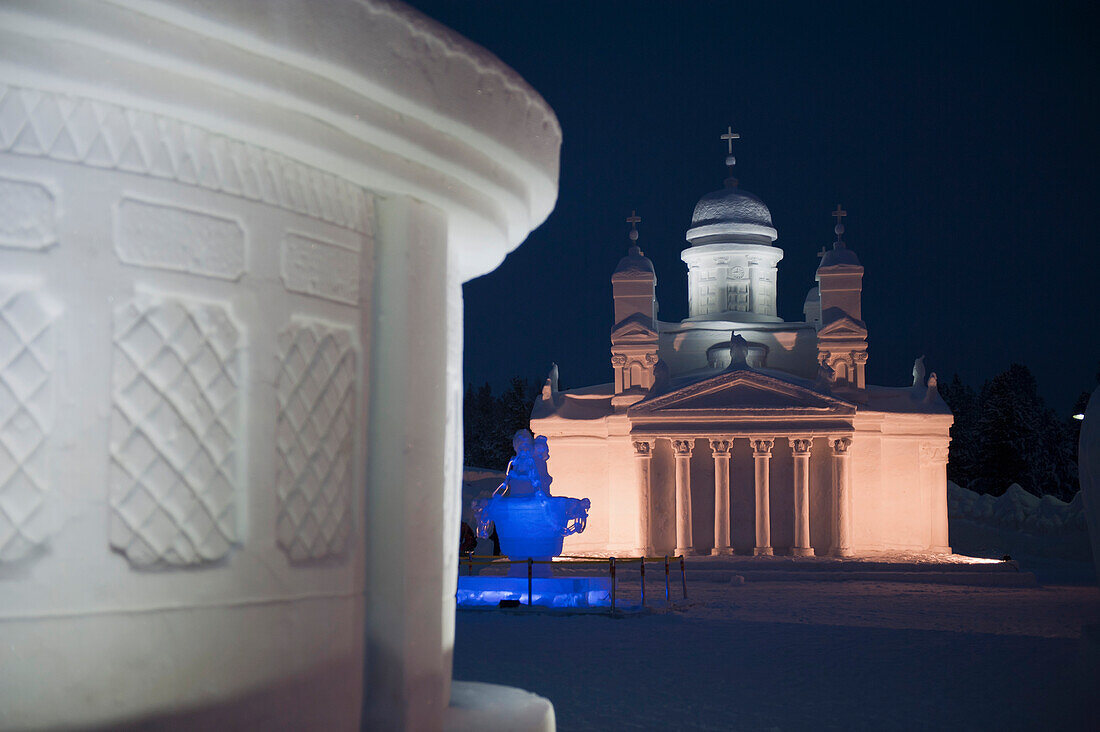Church At The Icium Wonder World Of Ice Sculpture Park, An Annual Event Featuring Chinese Ice And Snow Sculptures, Levi, Lapland, Finland