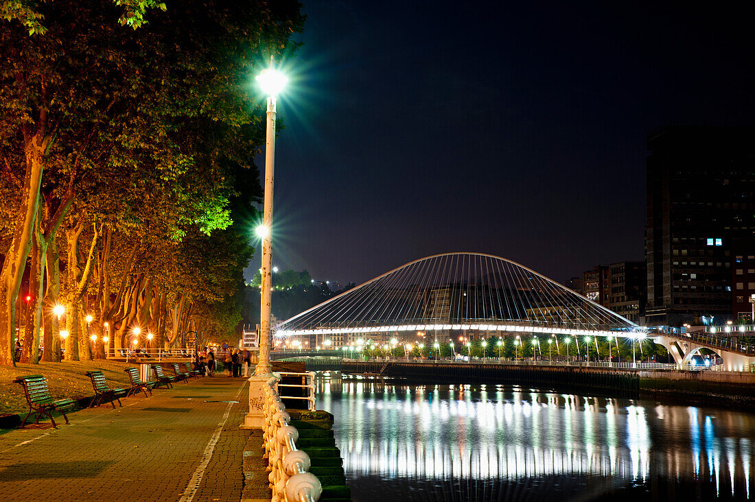 Puente Del Campo Volantin Over Ria De Bilbao At Night In Bilbao, Basque Country, Spain