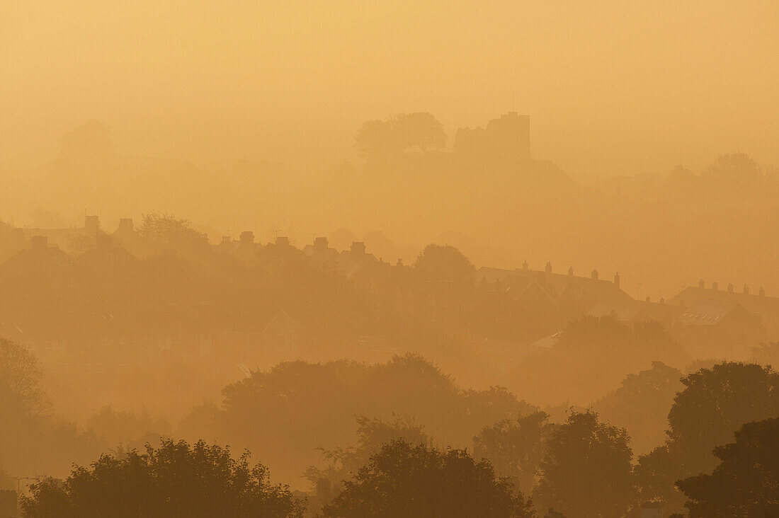 The Town And Castle Of Lewes Early On A Misty, Autumnal Morning, East Sussex, Uk
