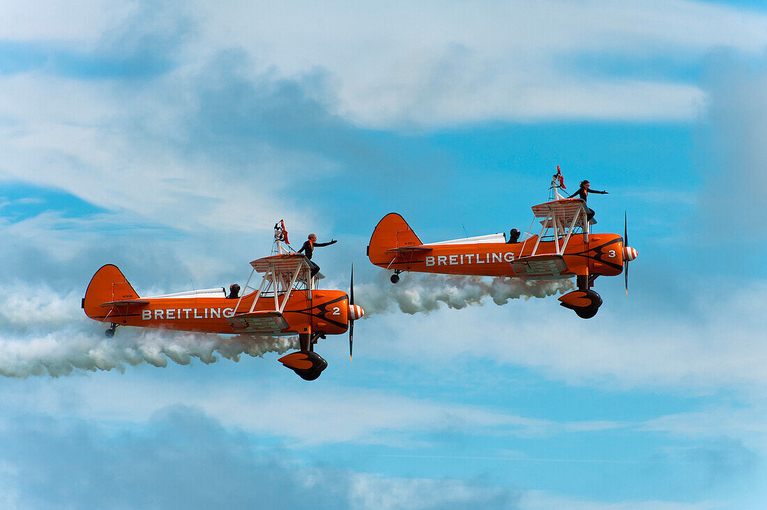 Breitlng Wing Walkers In Action At The Eastbourne Airshow, East Sussex, Uk