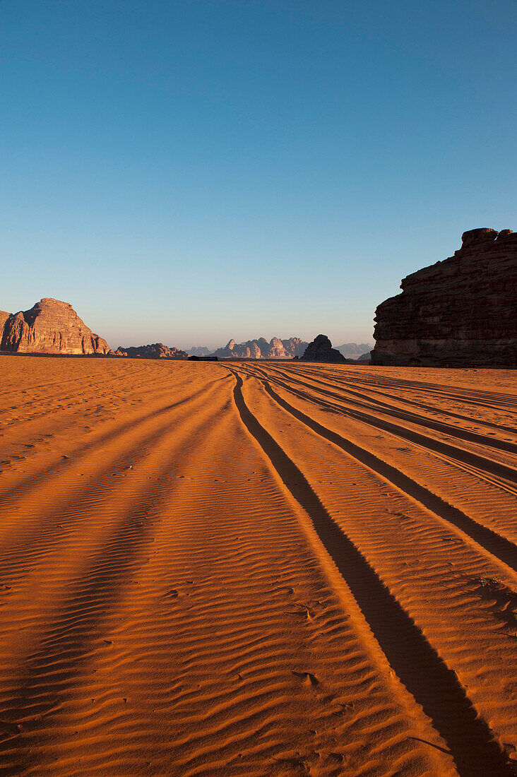 Tire Tracks In The Early Morning, Wadi Rum, Jordan, Middle East