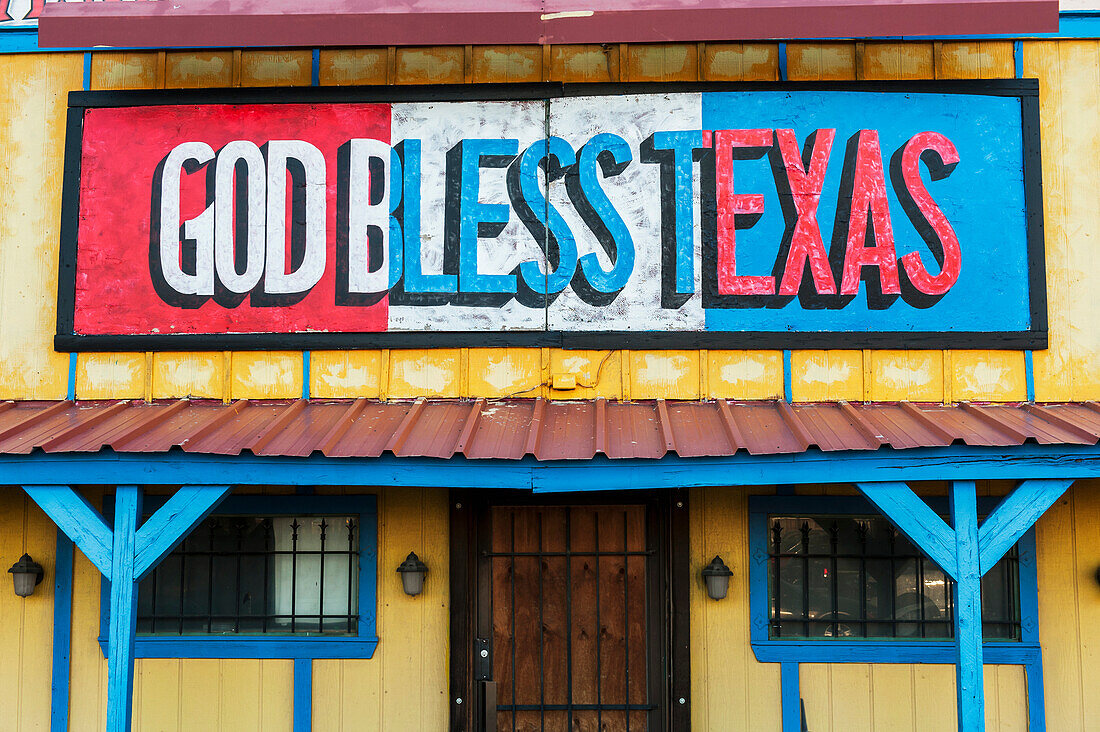 God Bless Texas Sign Outside The Big Texan Steak Ranch Restaurant, Amarillo, Texas, Usa