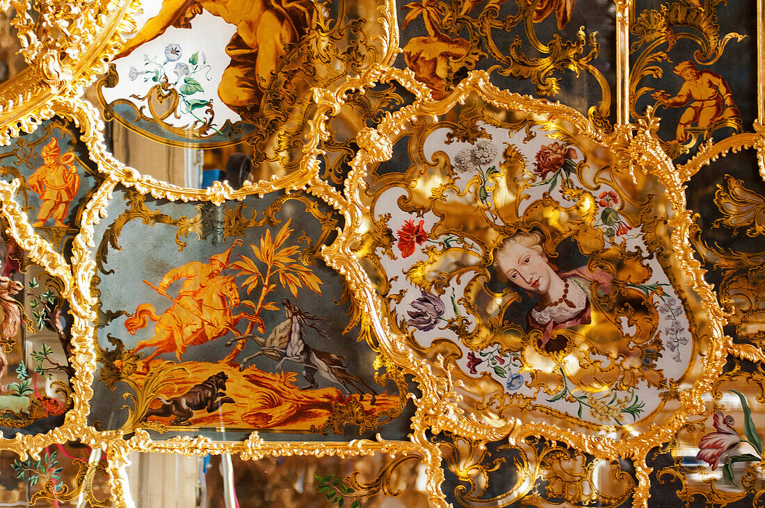 Detail in the mirror room of Wuerzburg Residence, Wuerzburg, Franconia, Bavaria, Germany