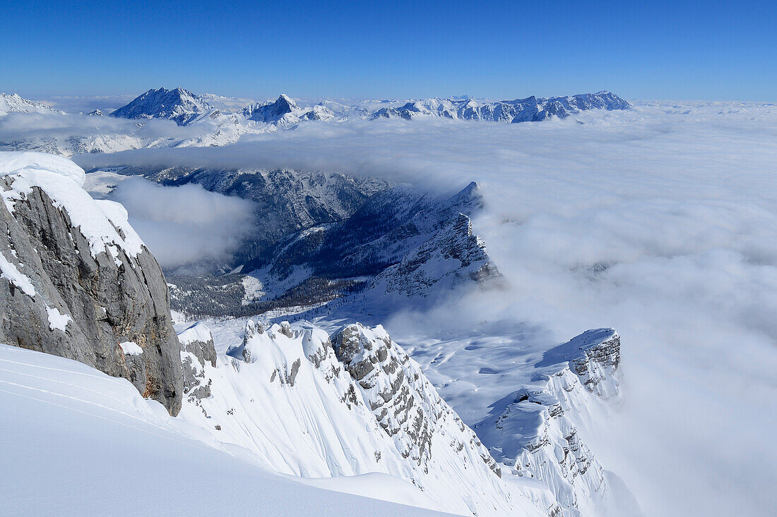 View from Birnhorn to sea of fog in the valleys and Berchtesgaden range, Birnhorn, Leoganger Steinberge range, Salzburg, Austria