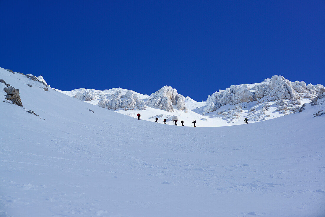 Gruppe von Tourengehern steigt auf Tourenski zum Monte Amaro auf, Rava Giumenta Bianca, Monte Amaro, Majella, Abruzzen, Apenninen, l 'Aquila, Italien