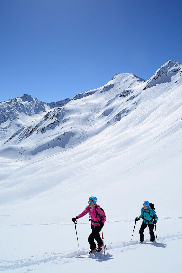 Zwei Tourenskigeherinnen steigen zum Gleirscher Rosskogel auf, Pforzheimer Hütte, Sellrain, Stubaier Alpen, Tirol, Österreich
