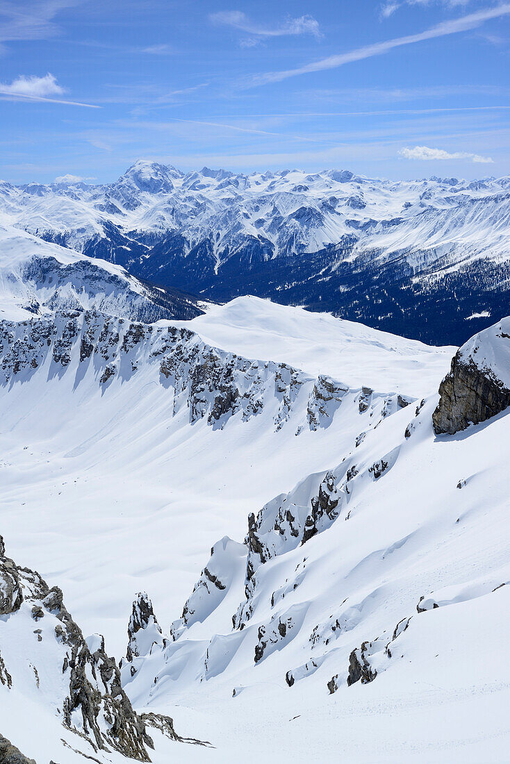 Ridge to summit of Vallatscha with view to Ortler, Vallatscha, Sesvenna range, Ofenpass, Grisons, Switzerland