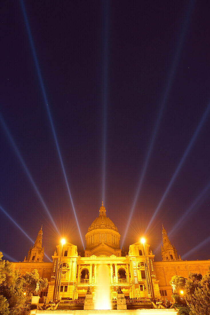 Illuminated Palau Nacional at night, National Museum, Montjuic, Barcelona, Catalonia, Spain