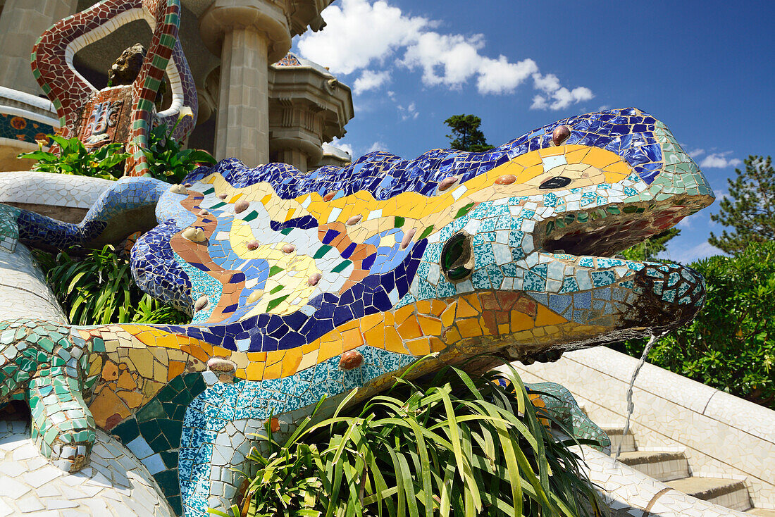 Mosaic salamander known as the dragon, Park Guell, architect Antoni Gaudi, UNESCO World Heritage Site Park Guell, Catalan modernista architecture, Art Nouveau, Barcelona, Catalonia, Spain
