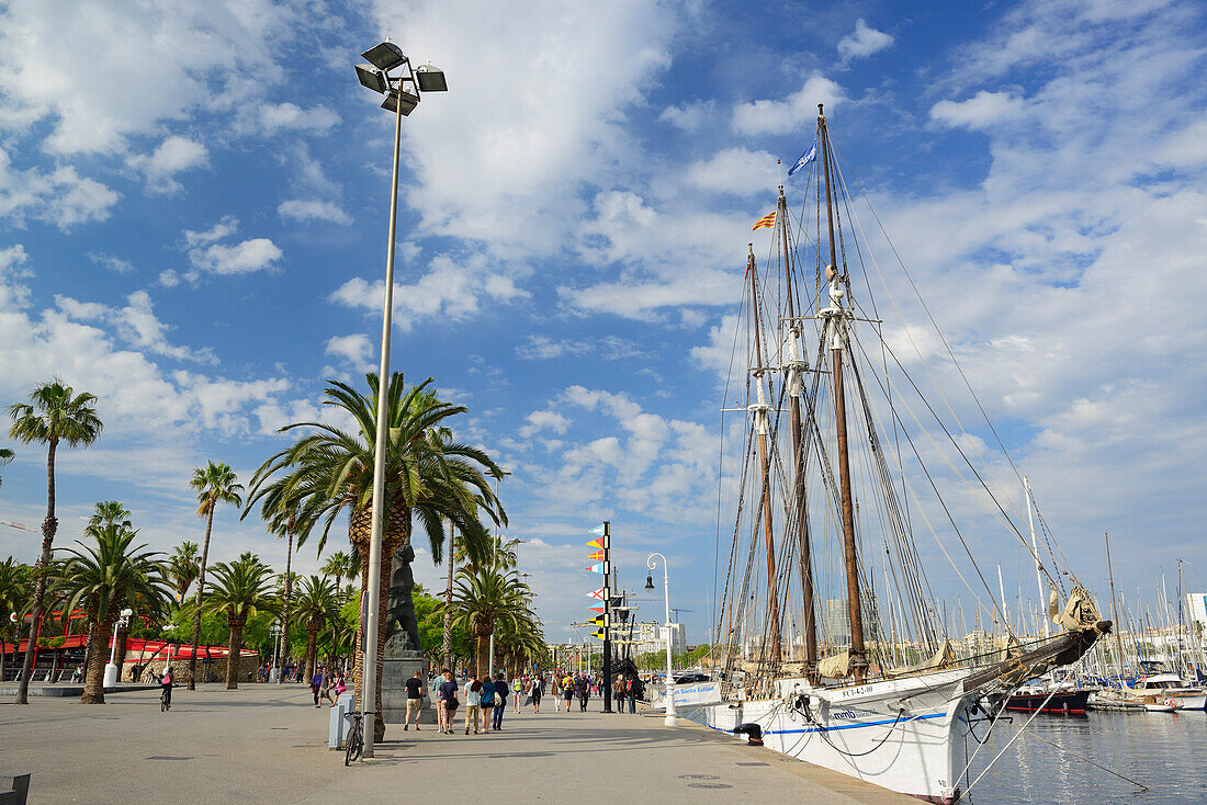 Sailing ship in the Old Harbour, Port Vell, Barcelona, Catalonia, Spain