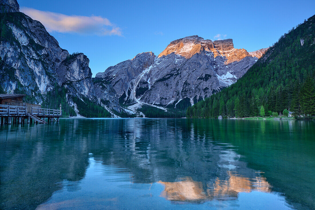 Alpenglow at Seekofel above Pragser Wildsee, Pragser Wildsee, Pustertal valley, Dolomites, UNESCO World Heritage Site Dolomites, South Tyrol, Italy