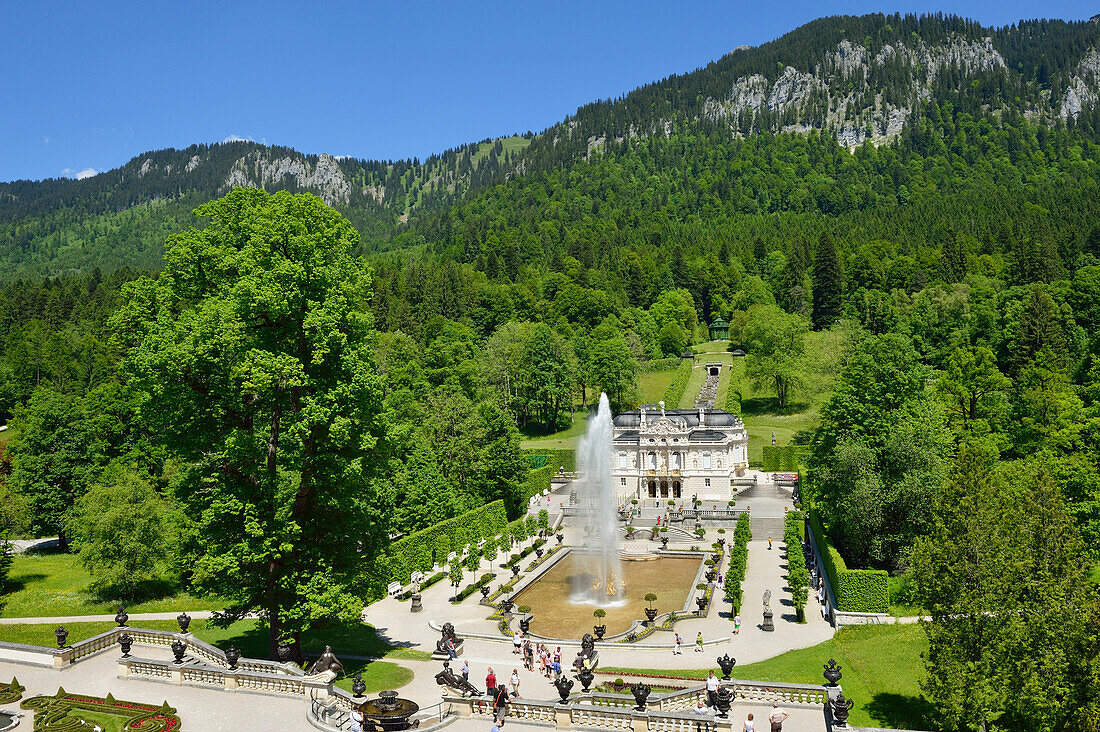 View from Venus temple to Linderhof castle with garden and fountain, Linderhof castle of King Ludwig II of Bavaria, Linderhof castle, rococo, Ammergau range, Bavarian Alps, Upper Bavaria, Bavaria, Germany