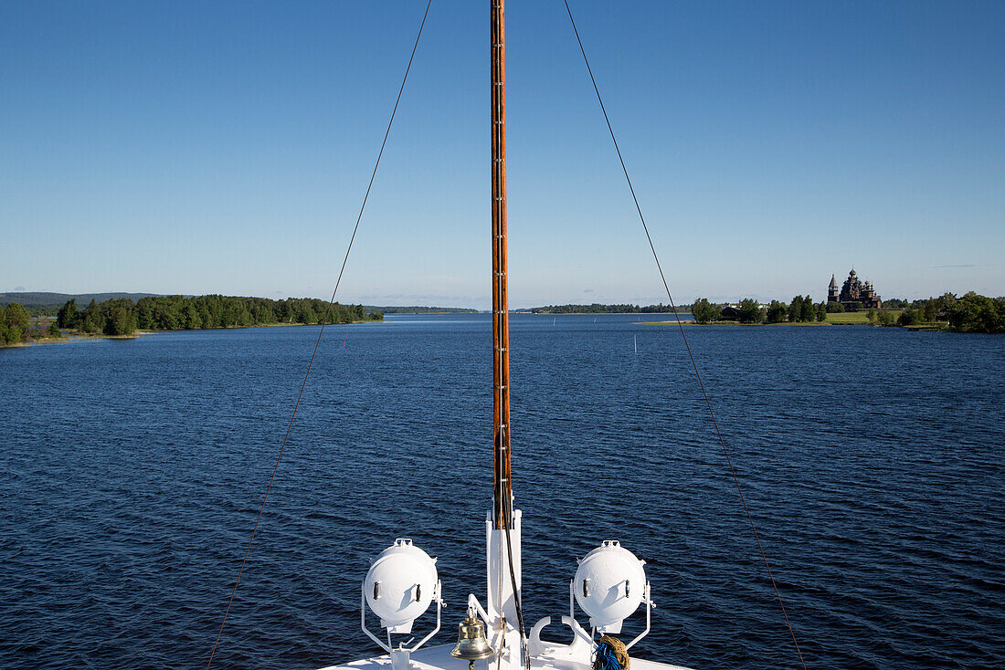 Bow of river cruise ship MS General Lavrinenkov (Orthodox Cruise Company), Kizhi Island, Lake Onega, Russia, Europe