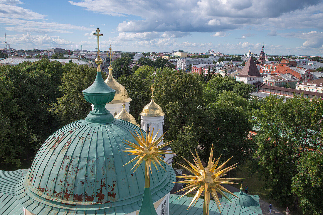 View from the bell tower of the Monastery of the Transfiguration of the Saviour with spiked golden roof decoration, Yaroslavl, Russia, Europe