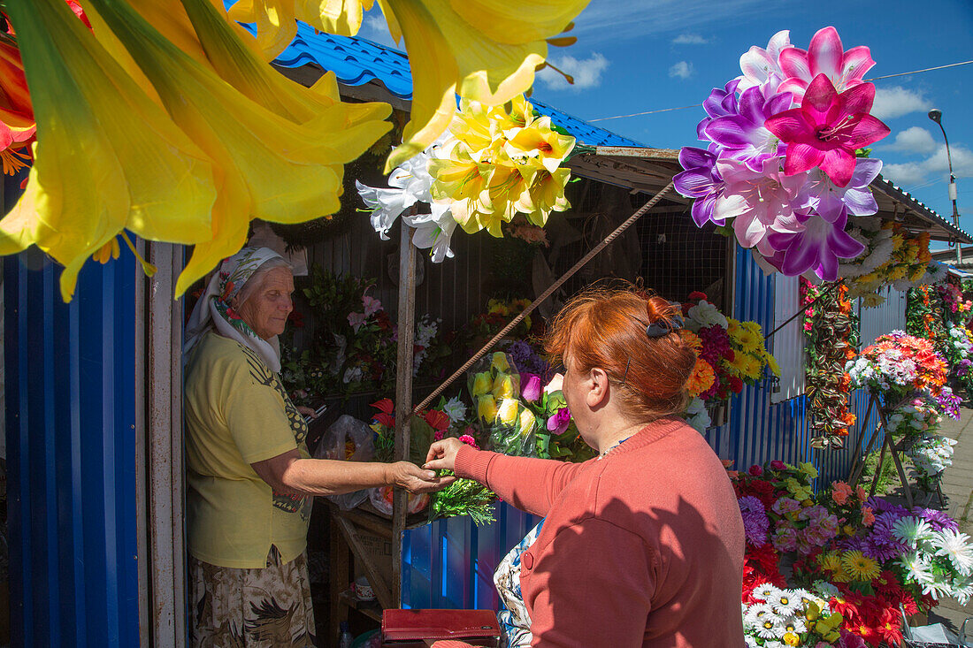 Artificial flowers for sale at a market stand, Uglich, Russia, Europe