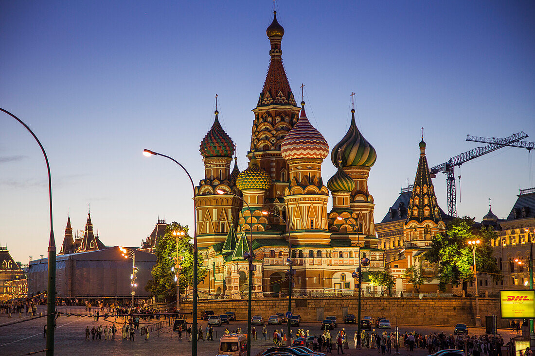 St. Basil's Cathedral on Red Square at dusk, Moscow, Russia, Europe