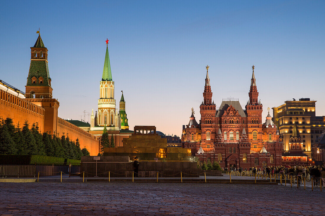 Lenin Mausoleum, Kremlin wall and State Historical Museum in Red Square at dusk, Moscow, Russia, Europe