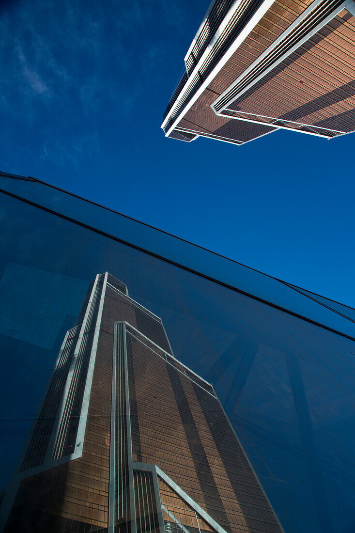 Reflection of the Mercury City Tower (Europe's tallest building) in a window in Moscow City, Moscow, Russia, Europe