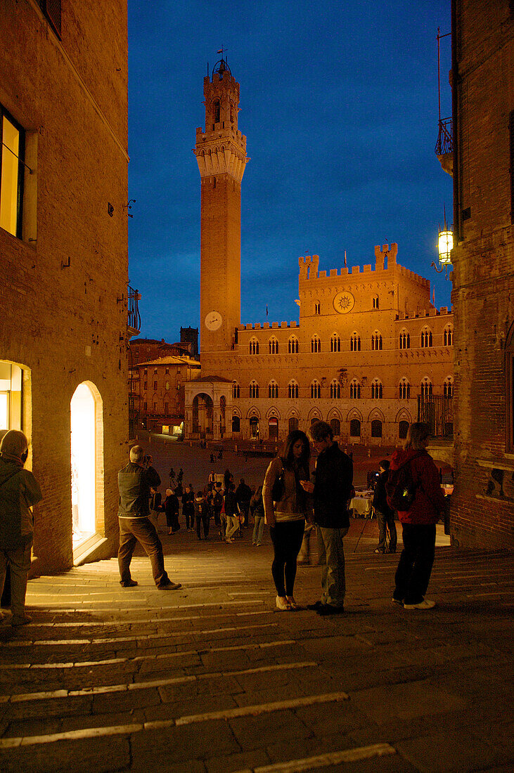 Steps leading to Piazza del Campo with Palazzo Pubblico, Siena, Tuscany, Italy