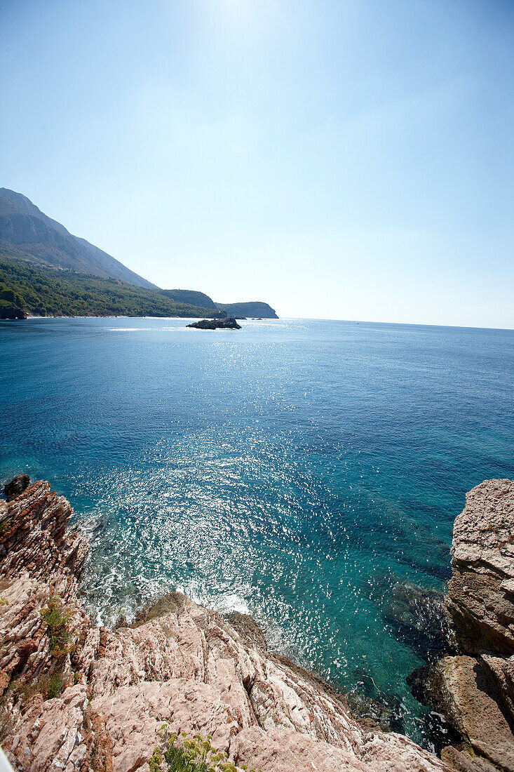 Rocky shore at Adriatic Sea, Aman Sveti Stefan, Sveti Stefan, Budva, Montenegro