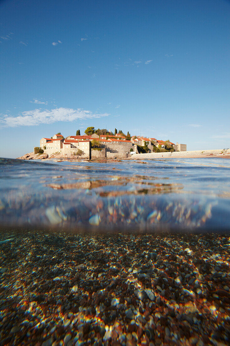 View over Adriatic Sea to Aman Sveti Stefan, Budva, Montenegro