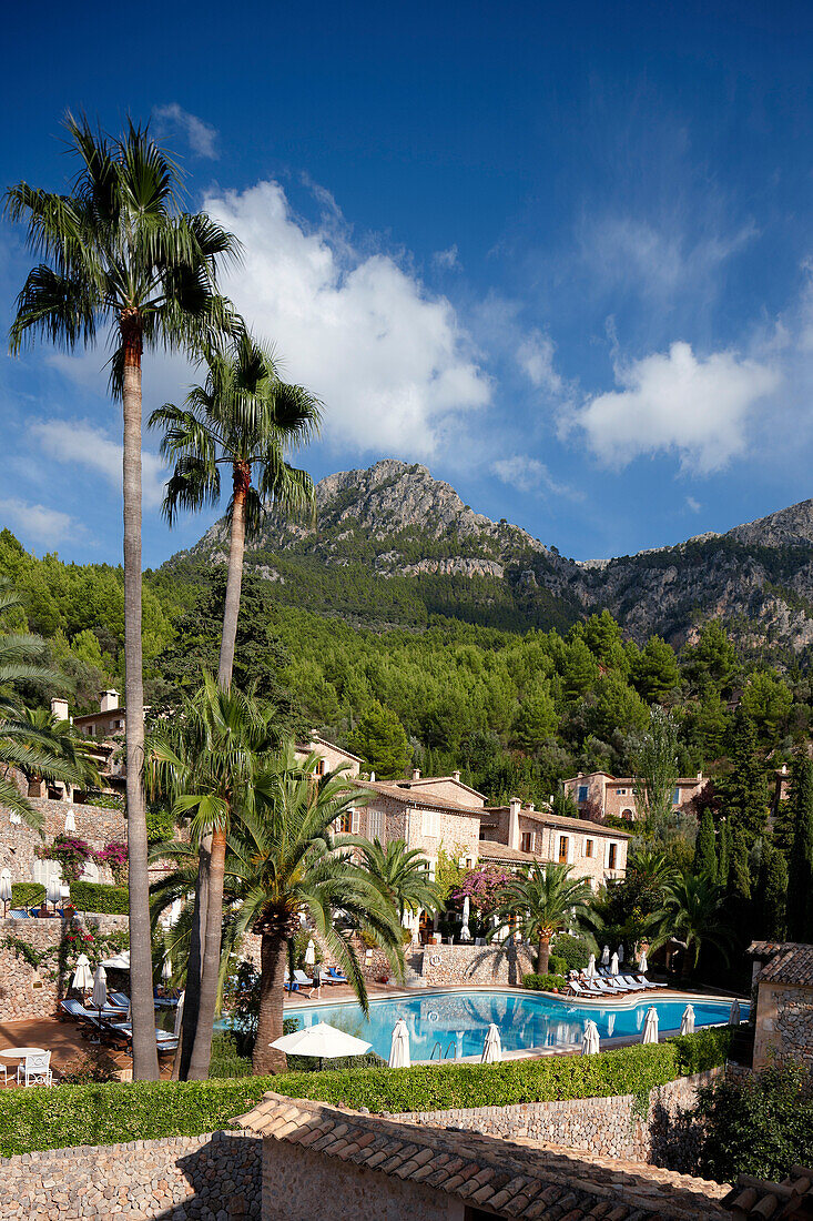 Hotel La Residencia, Serra de Tramuntana in backgorund, Deia, Majorca, Spain
