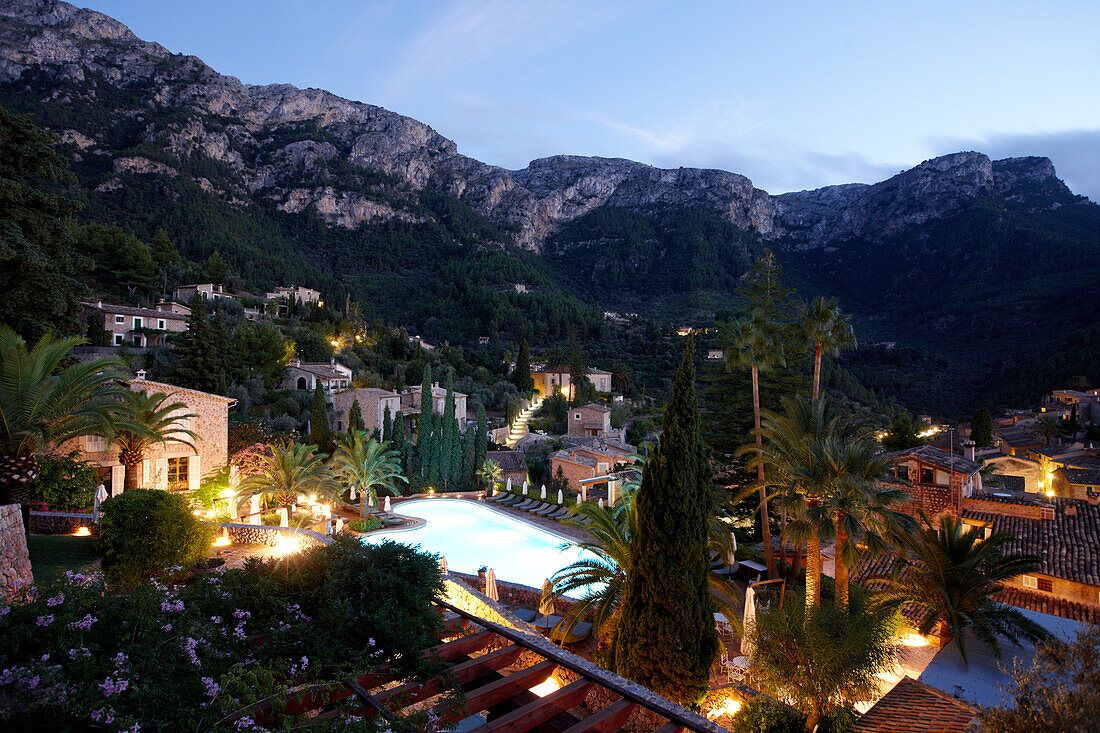 View over a hotel to Serra de Tramuntana in background, Deia, Majorca, Spain