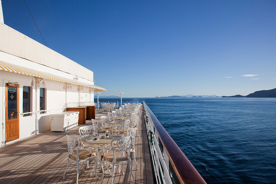 Chairs and tables aboard cruise ship MS Deutschland (Reederei Peter Deilmann), Chilean fjords, Magallanes y de la Antartica Chilena, Patagonia, Chile