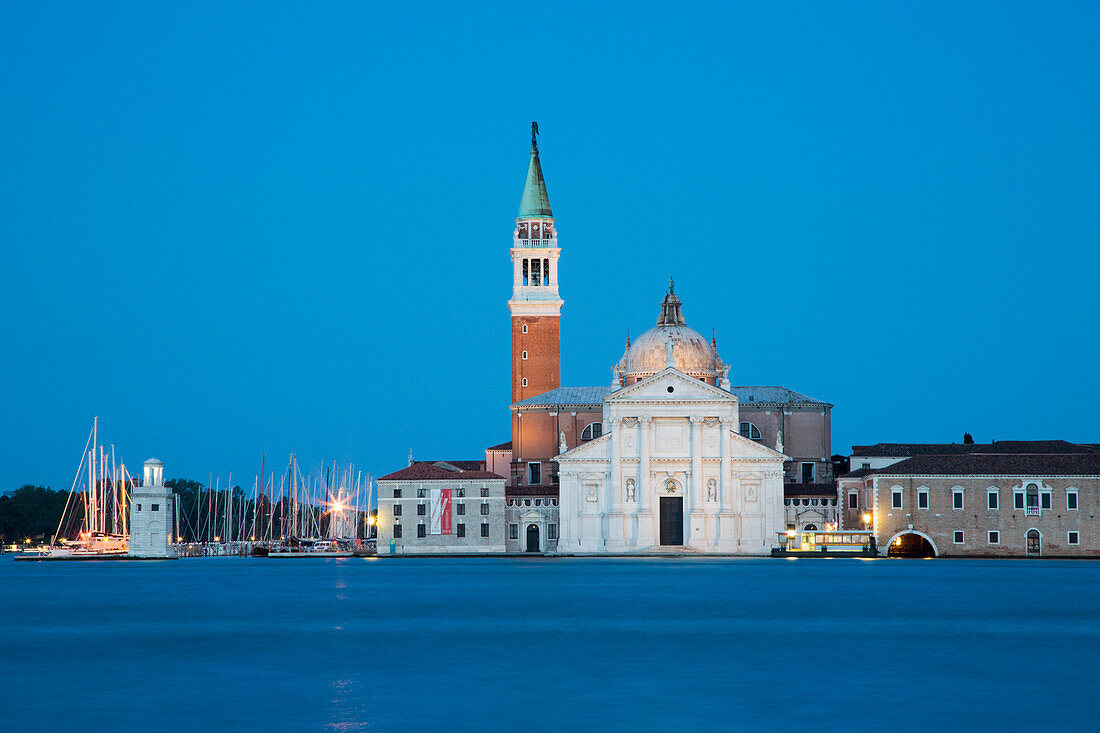 Chiesa di San Maggiore church on Isola di San Giorgo Maggiore island seen from Punta della Dogana at dusk, Venice, Veneto, Italy, Europe