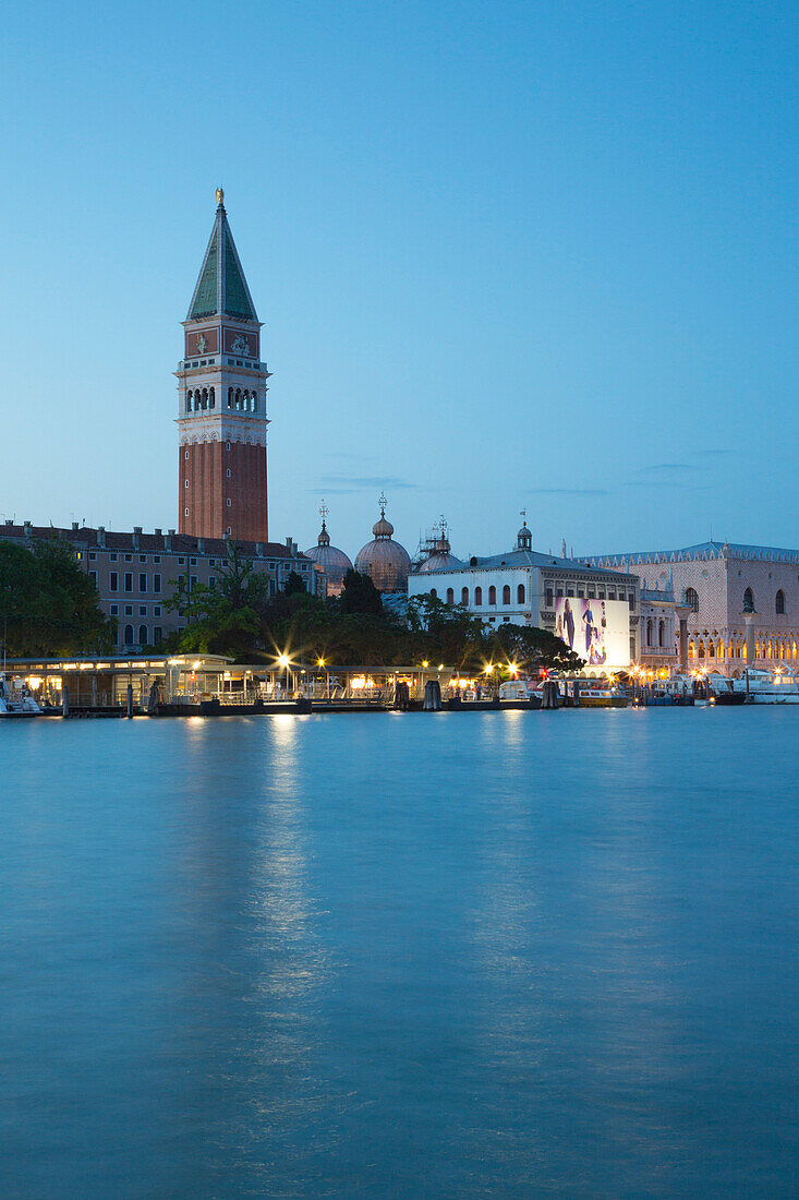 Campanile and Palazzo Ducale seen from Punta della Dogana at dusk, Venice, Veneto, Italy, Europe