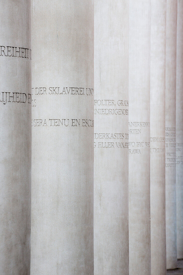 Pillars along the way of human rights display, Strasse der Menschenrechte, outside the museum of cultural history, Germanisches Nationalmuseum, Nuremberg, Franconia, Bavaria, Germany