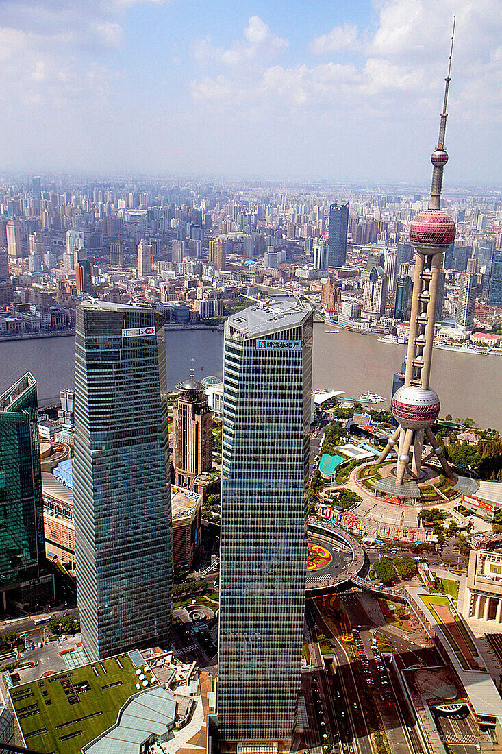 China, Shanghai, Pudong Lujiazui Financial District, Century Avenue, view from, Jin Mao Tower, Grand Hyatt Shanghai, hotel, Huangpu River, Shanghai IFC North South Tower, Oriental Pearl Tower