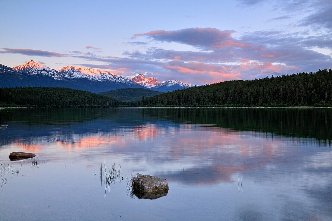 Reflections in Patricia Lake at dawn- Trident Range, Banff National Park, Alberta, Canada.