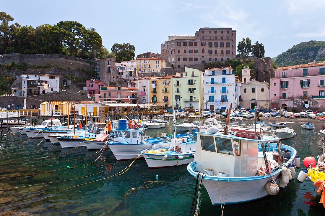 Colorful fishing boats in the bay in Sorrento, Campania, Italy