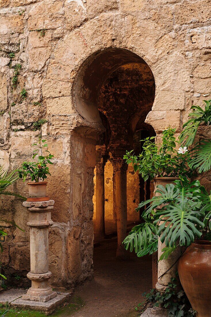 Arab baths, - Banys Arabs - horseshoe arch portal, X century, Palma, Mallorca, Balearic Islands, Spain, Europe