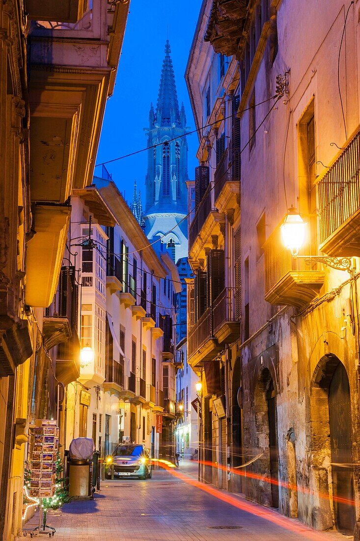 Morey street and bell tower of the Gothic church of Santa Eulalia, XIV-XIX, Mallorca, Balearic Islands, Spain