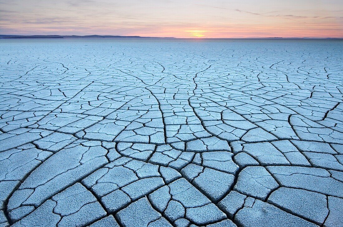 abstract, alkali, arid, barren, color image, crack, cracked, desert, dried, dry, evening, flat, form, harsh, horizontal, hot, lakebed, Malheur National Wildlife Refuge, Oregon, Pacific northwest, parched, pattern, playa, remote, shape, sunset, M28-1882159