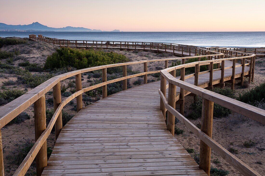 Wooden Boardwalk, Arenales del Sol beach, Alicante, Spain Europe