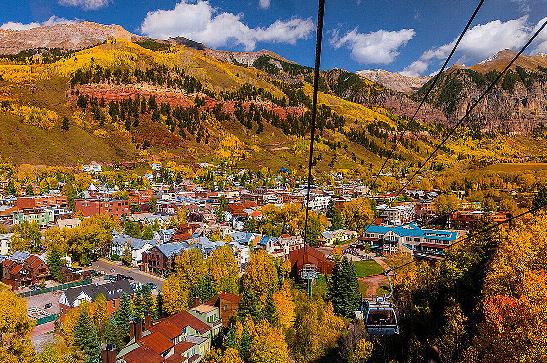 Overview of fall color in Telluride in the San Juan Mountains from the gondola, Colorado USA