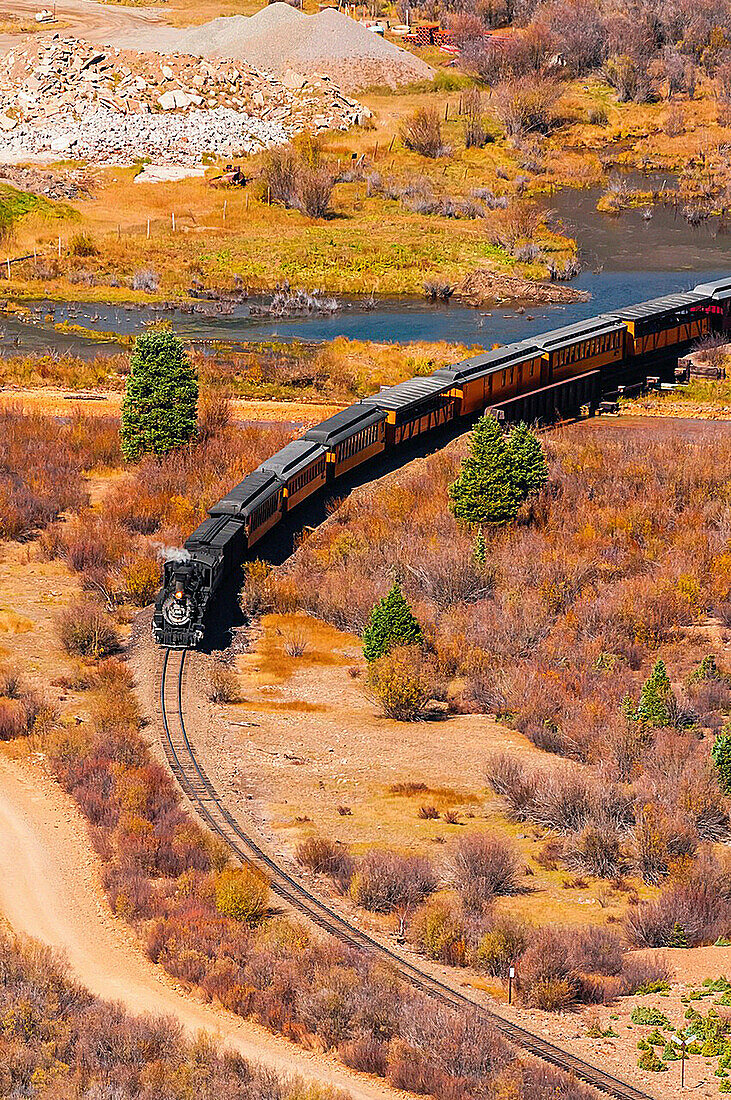 Durango and Silverton Narrow Gauge Railroad train departing Silverton, Colorado USA
