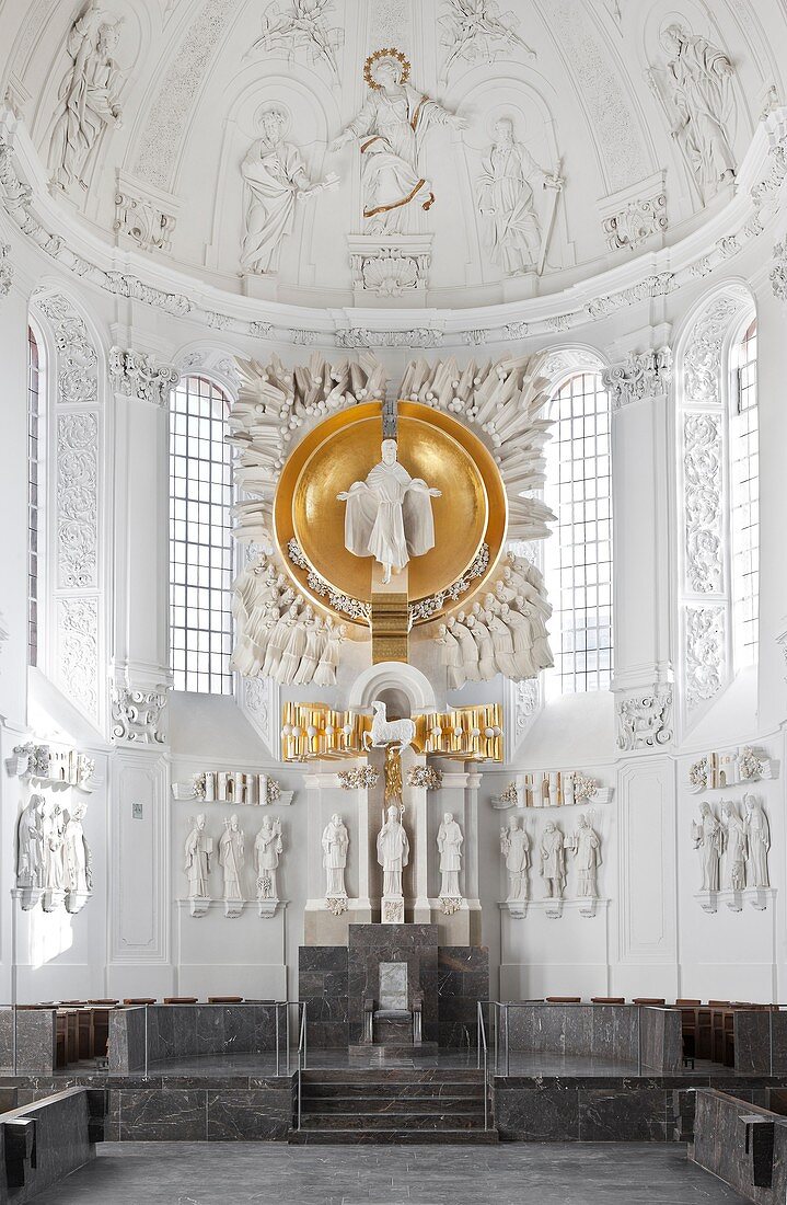 Choir with stele of Hubert Elsässer, Kilian Cathedral, Würzburg, Bavaria, Germany