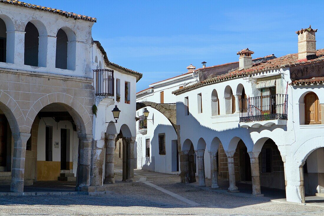A typical corner in the famous main square of Garrovillas de Alconétar, one of the twelve main squares of Spain and declarated BIC Cultural Interest Goods  Cáceres province  Spain