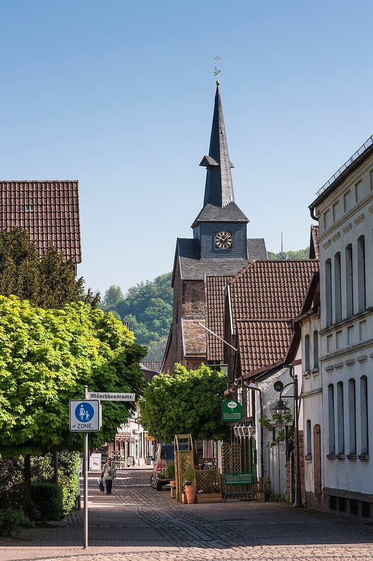 View towards St. Nicolai church in Bodenwerder on the German Fairy Tale Route, Lower Saxony, Germany, Europe