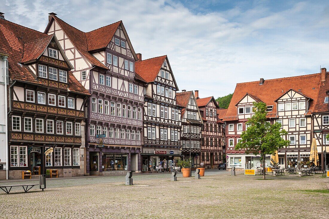 Timbered houses on the market square in Hannoversch Muenden on the German Fairy Tale Route, Lower Saxony, Germany, Europe