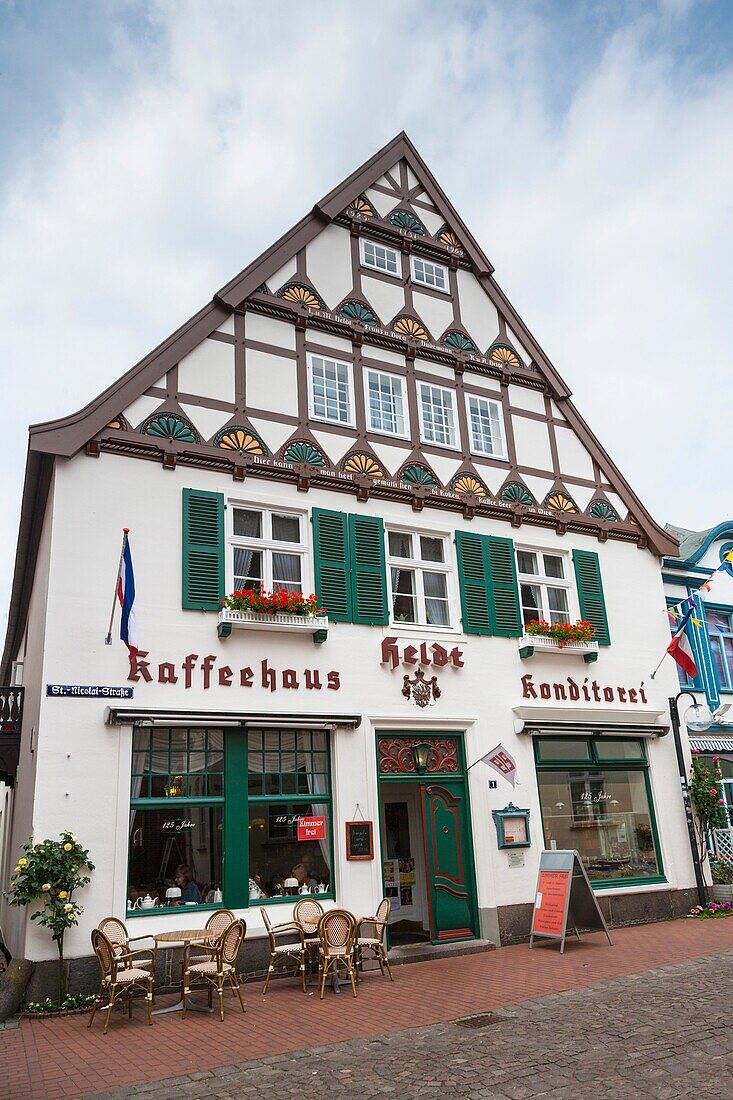 Timbered coffee house in Eckernfoerde, Schleswig-Holstein, Germany, Europe