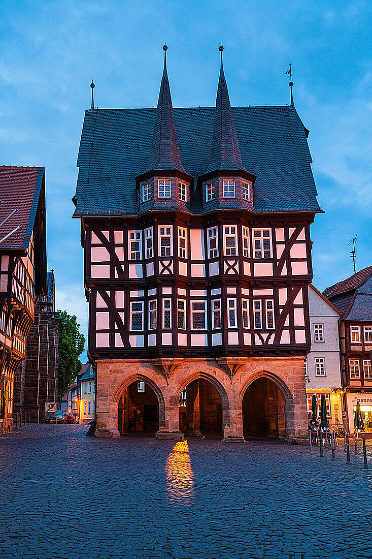 The picturesque city hall in Alsfeld on the German Fairy Tale Route at night, Hesse, Germany, Europe