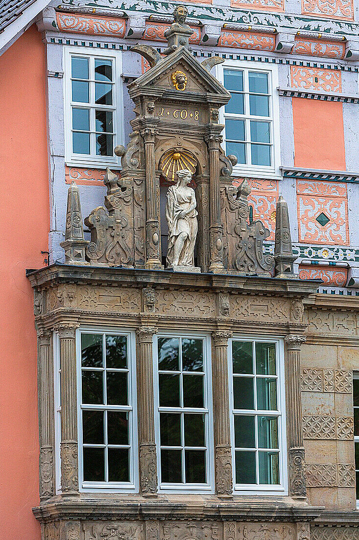 Close up of the historic Dempter House in Hamelin on the German Fairy Tale Route, Lower Saxony, Germany, Europe